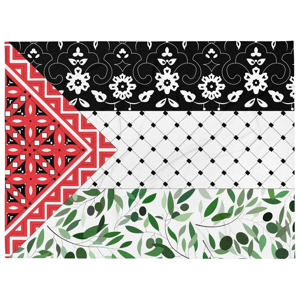 Floral throw blanket with black, white, red, and green geometric and leaf patterns from Ivorynn