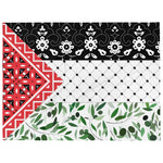 Floral throw blanket with black, white, red, and green geometric and leaf patterns from Ivorynn