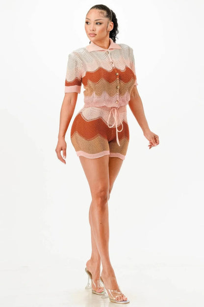 Cream Brown Knit Cardigan Short Set - IVORYNN