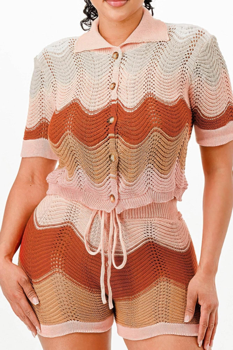 Cream Brown Knit Cardigan Short Set - IVORYNN