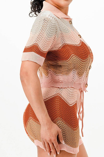 Cream Brown Knit Cardigan Short Set - IVORYNN