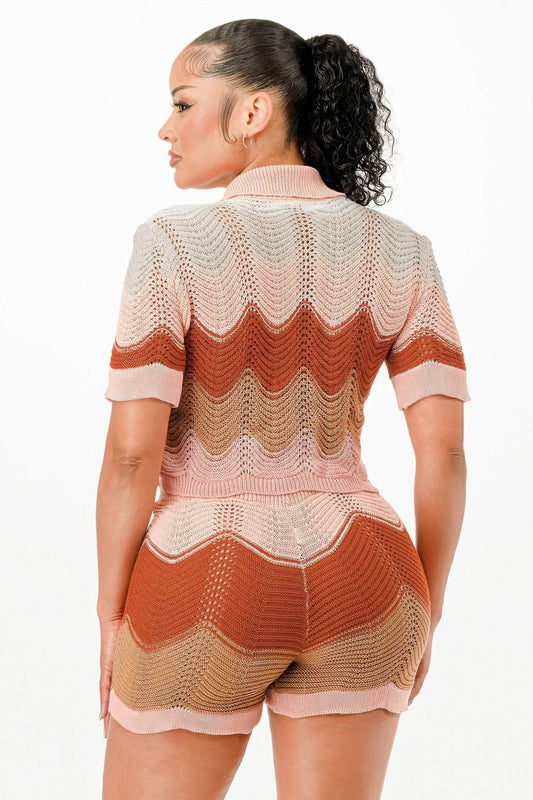 Cream Brown Knit Cardigan Short Set
