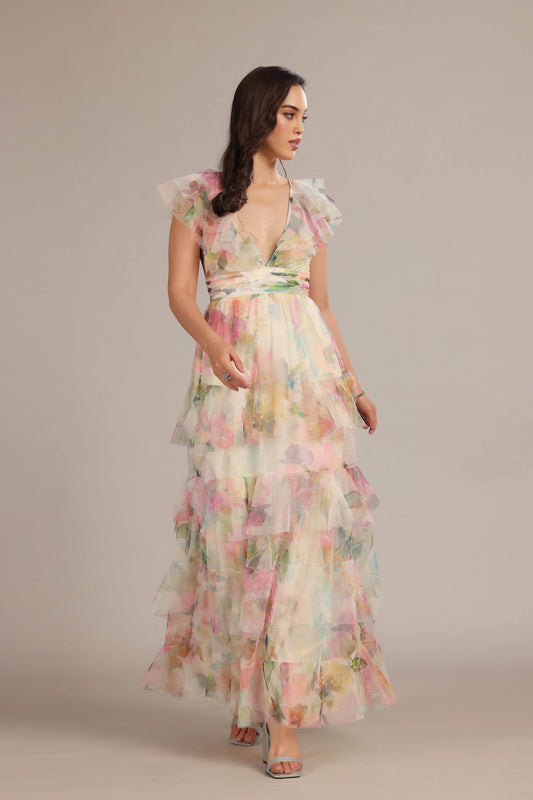 Cream Pink Floral Tiered V-Neck Maxi Dress