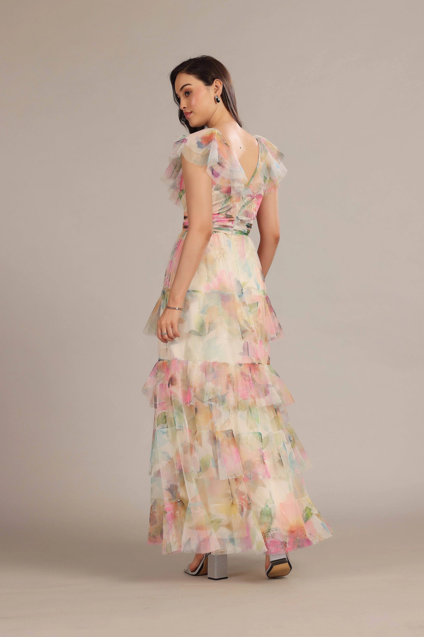 Cream Pink Floral Tiered V-Neck Maxi Dress - IVORYNN