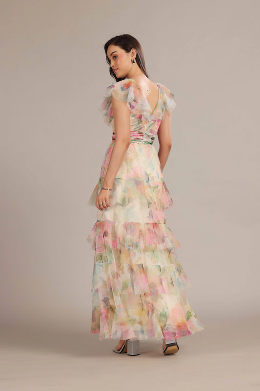 Cream Pink Floral Tiered V-Neck Maxi Dress