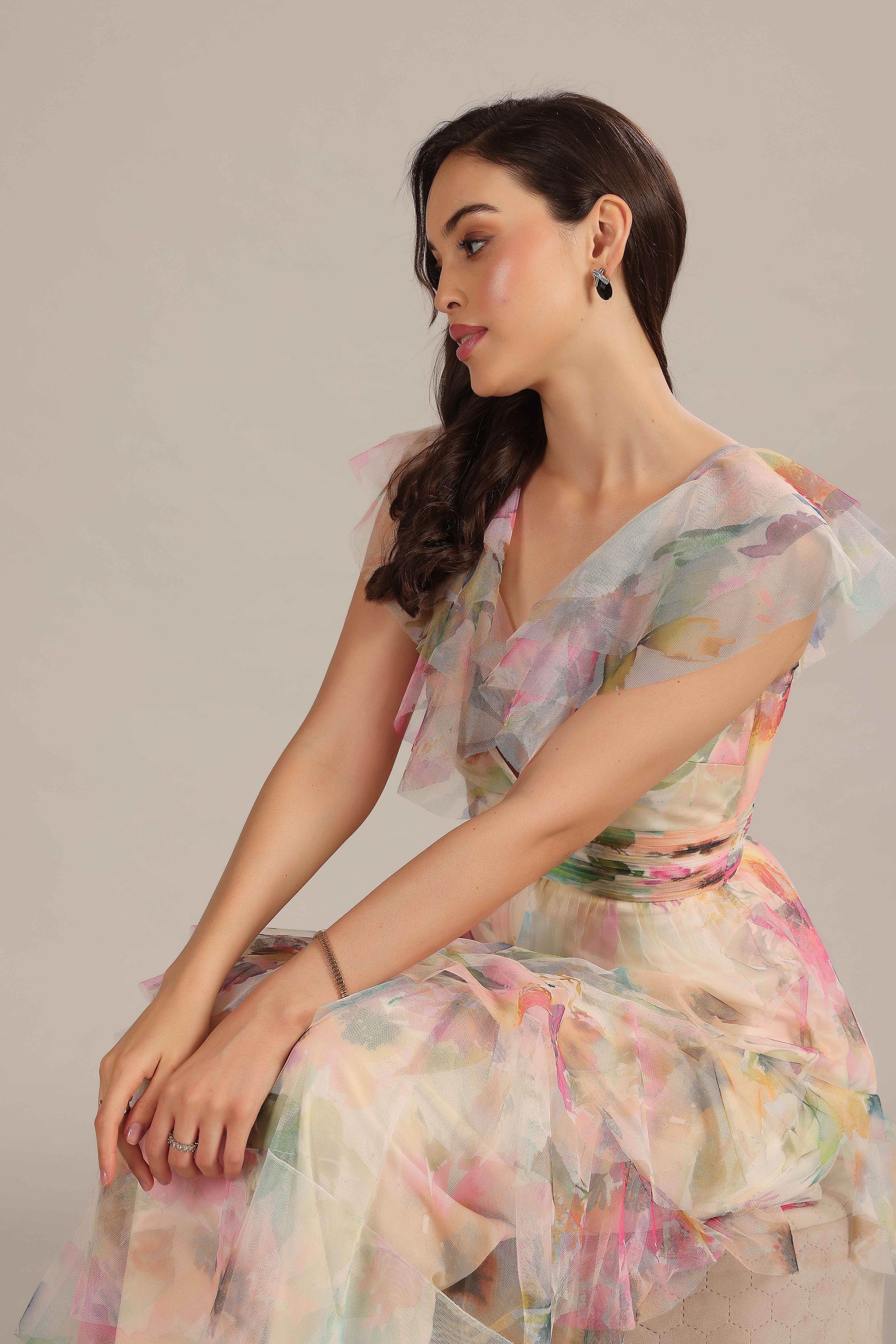 Cream Pink Floral Tiered V-Neck Maxi Dress - IVORYNN