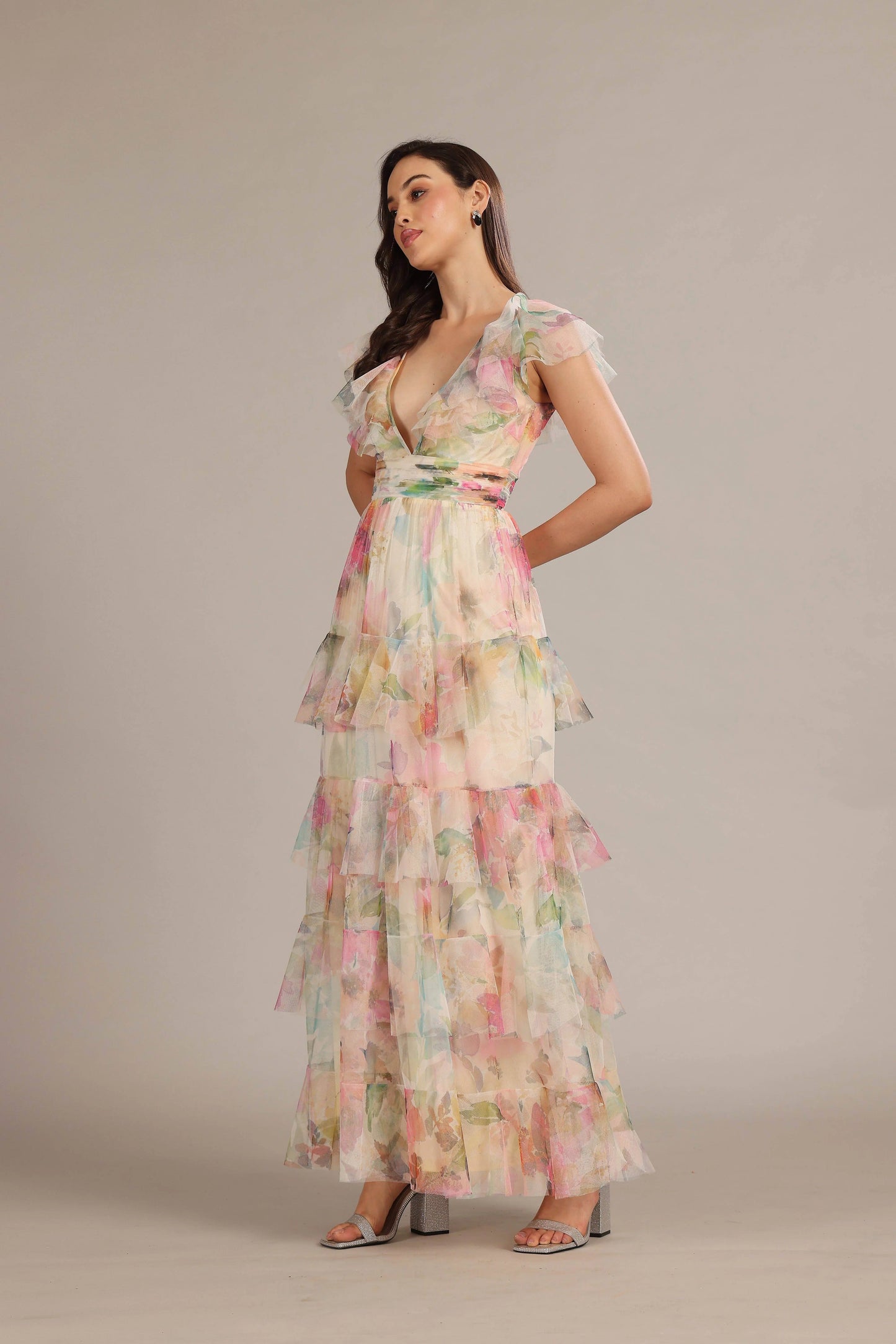 Cream Pink Floral Tiered V-Neck Maxi Dress - IVORYNN