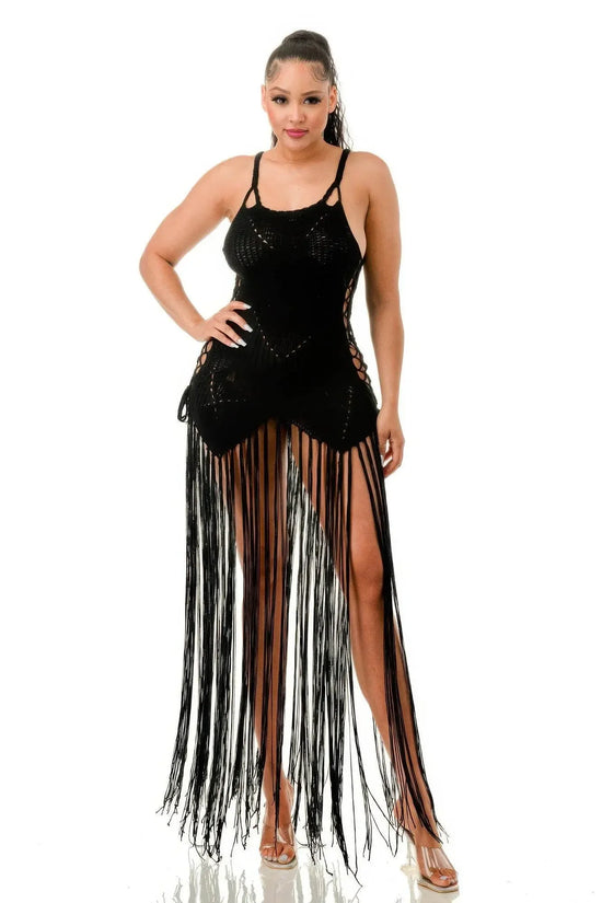 Crochet Black Dress Bottom Fringe - IVORYNN