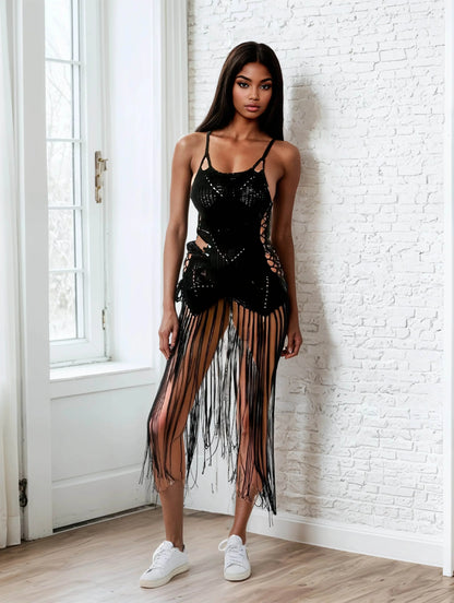 Crochet Black Dress Bottom Fringe - IVORYNN