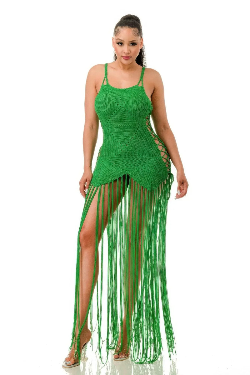 Crochet Neon Green Dress Bottom Fringe - IVORYNN