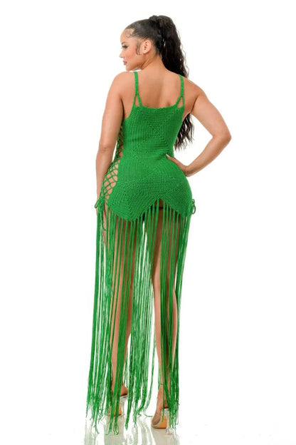 Crochet Neon Green Dress Bottom Fringe - IVORYNN