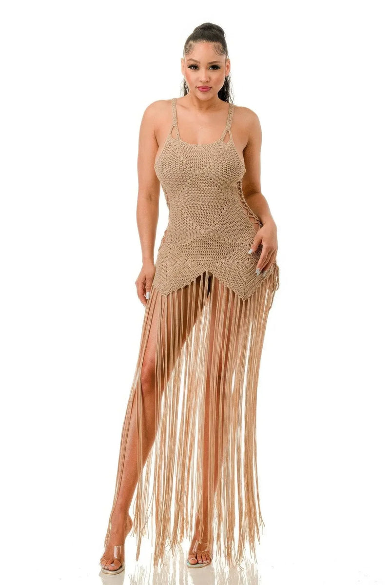 Crochet Pale Taupe Dress Bottom Fringe - IVORYNN