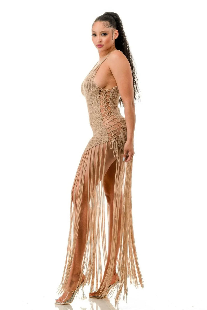 Crochet Pale Taupe Dress Bottom Fringe - IVORYNN
