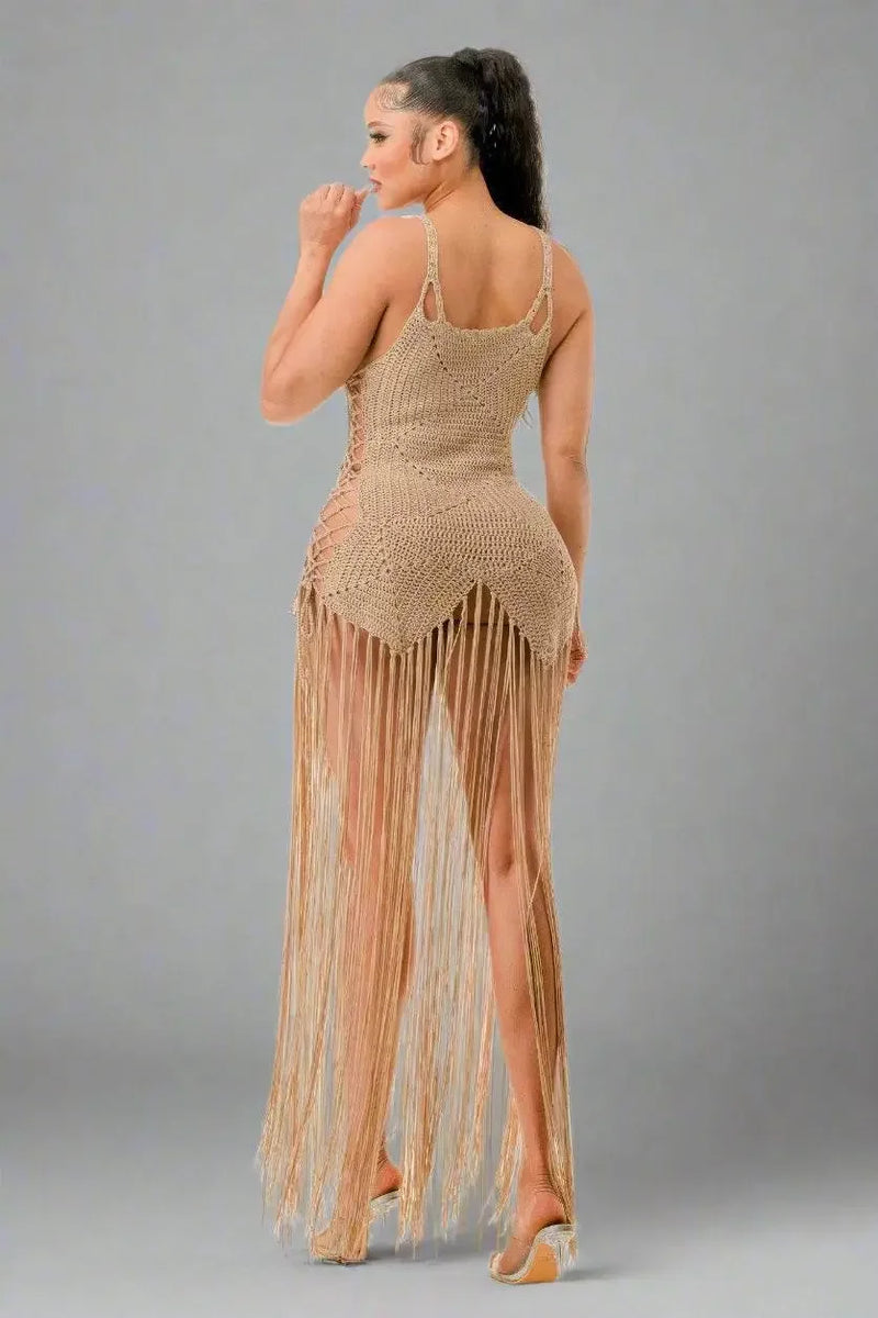 Crochet Pale Taupe Dress Bottom Fringe - IVORYNN