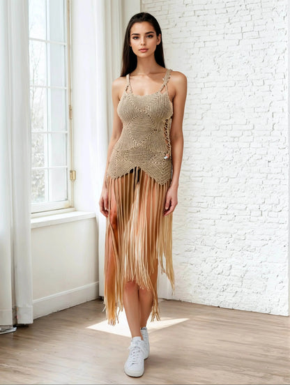 Crochet Pale Taupe Dress Bottom Fringe - IVORYNN