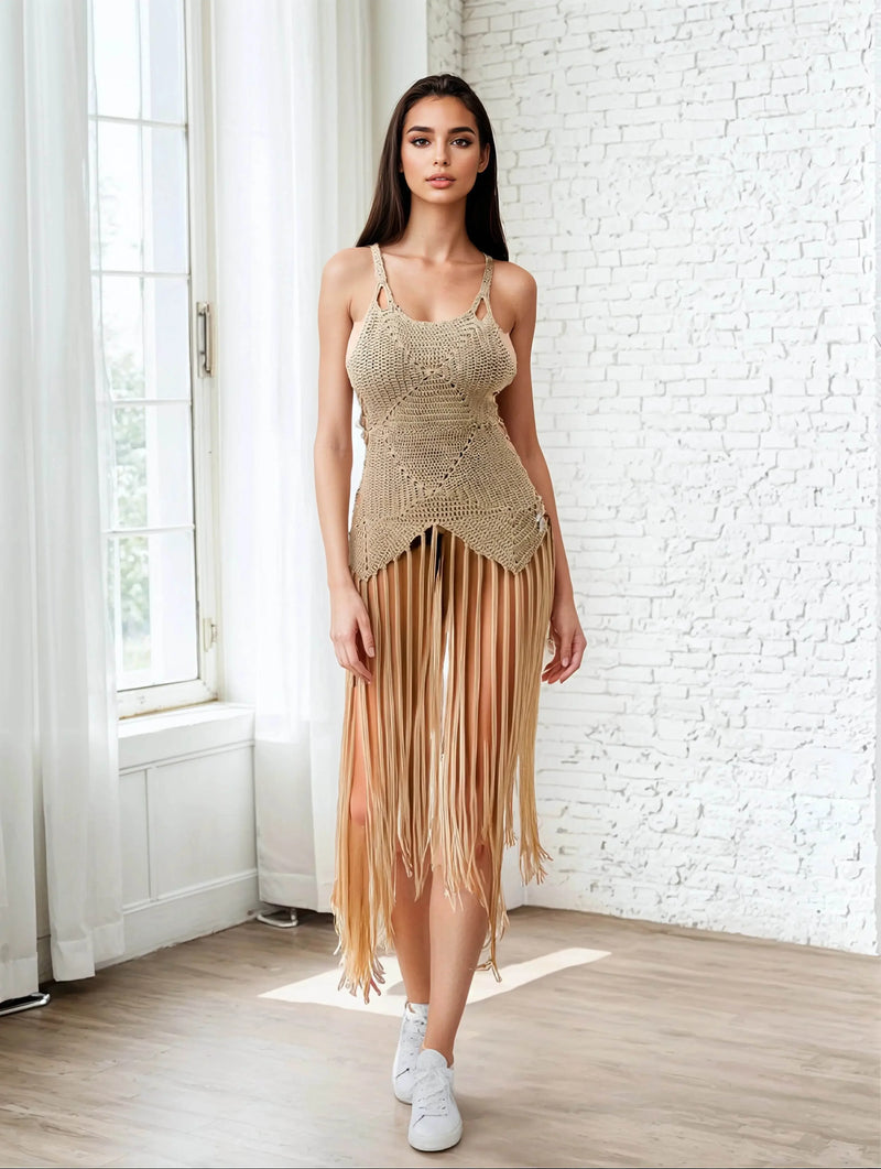 Crochet Pale Taupe Dress Bottom Fringe - IVORYNN