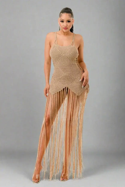 Crochet Pale Taupe Dress Bottom Fringe - IVORYNN