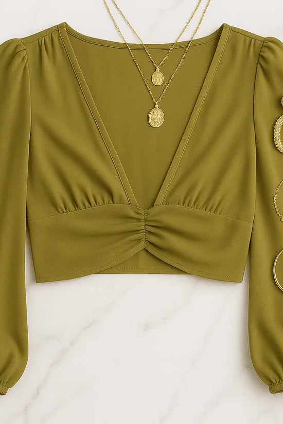 Cumin Deep V-Neck Lantern Sleeve Crop Top - IVORYNN