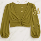 Cumin Deep V-Neck Lantern Sleeve Crop Top - IVORYNN