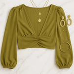 Cumin Deep V-Neck Lantern Sleeve Crop Top - IVORYNN