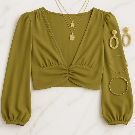 Cumin Deep V-Neck Lantern Sleeve Crop Top