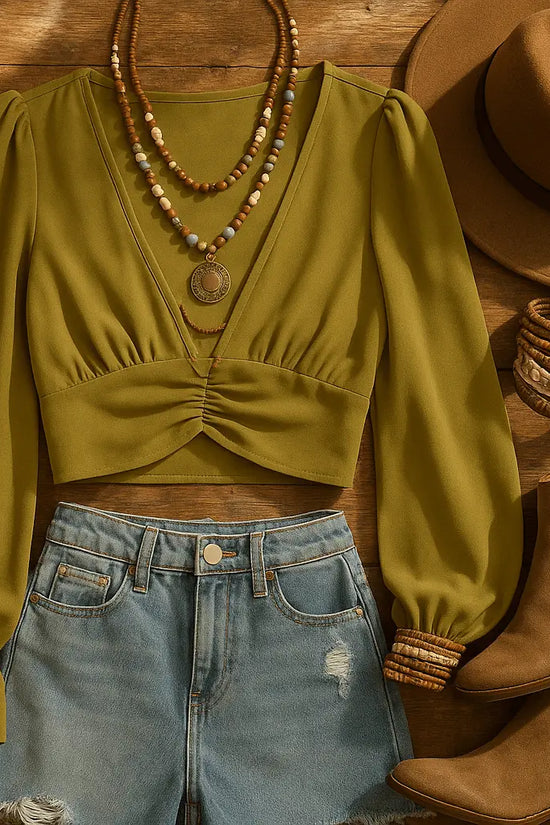 Cumin Deep V-Neck Lantern Sleeve Crop Top - IVORYNN