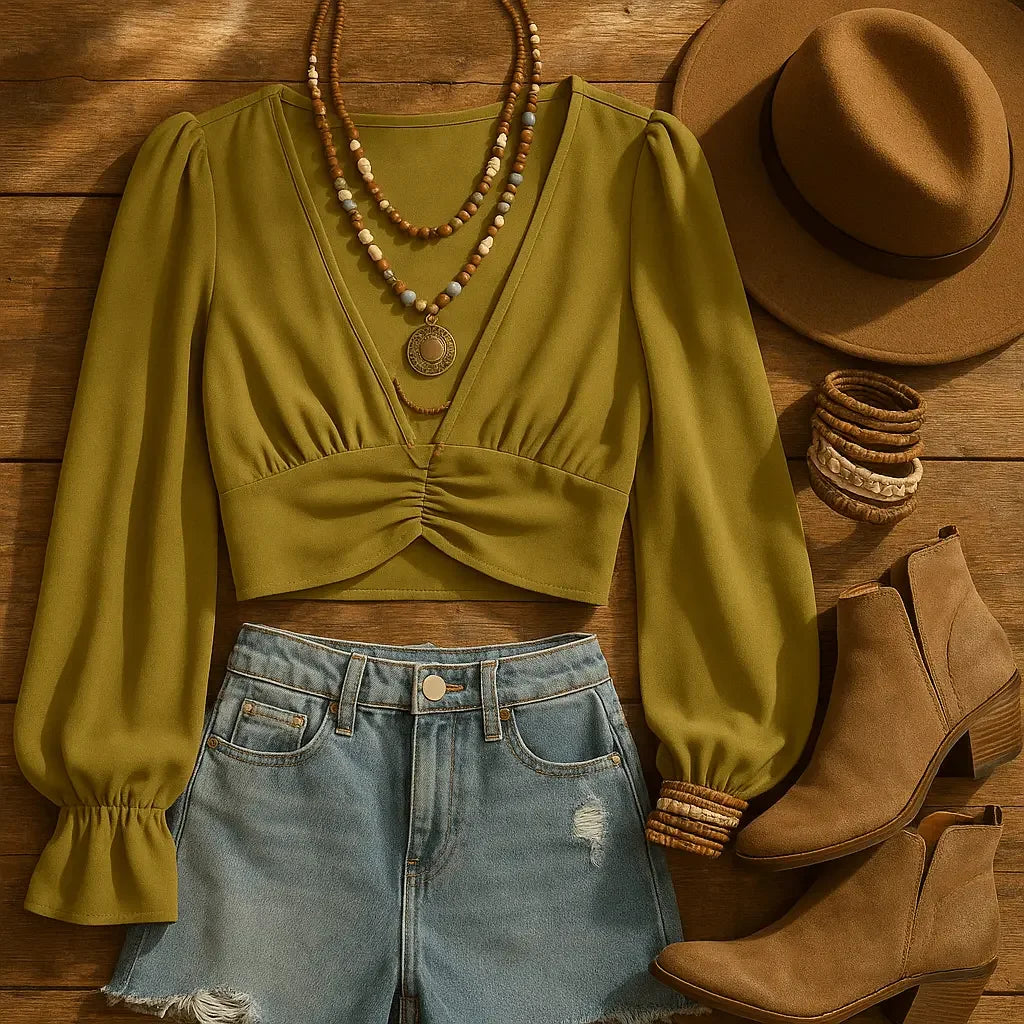 Cumin Deep V-Neck Lantern Sleeve Crop Top - IVORYNN