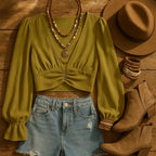 Cumin Deep V-Neck Lantern Sleeve Crop Top - IVORYNN