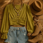 Cumin Deep V-Neck Lantern Sleeve Crop Top - IVORYNN