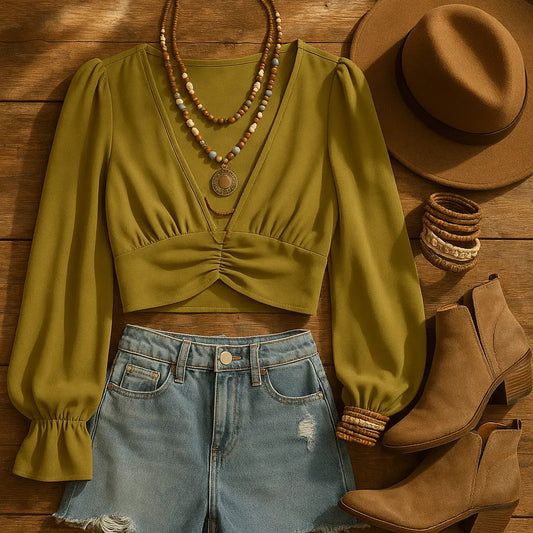 Cumin Deep V-Neck Lantern Sleeve Crop Top