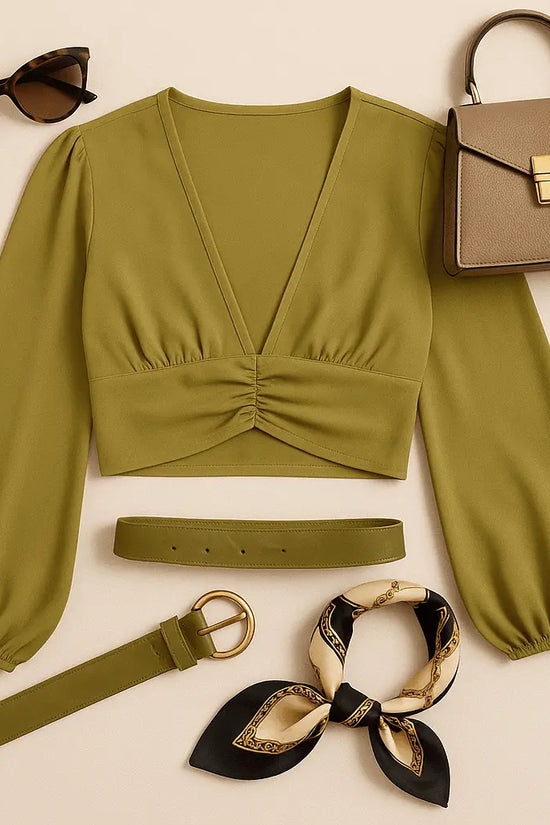 Cumin Deep V-Neck Lantern Sleeve Crop Top - IVORYNN