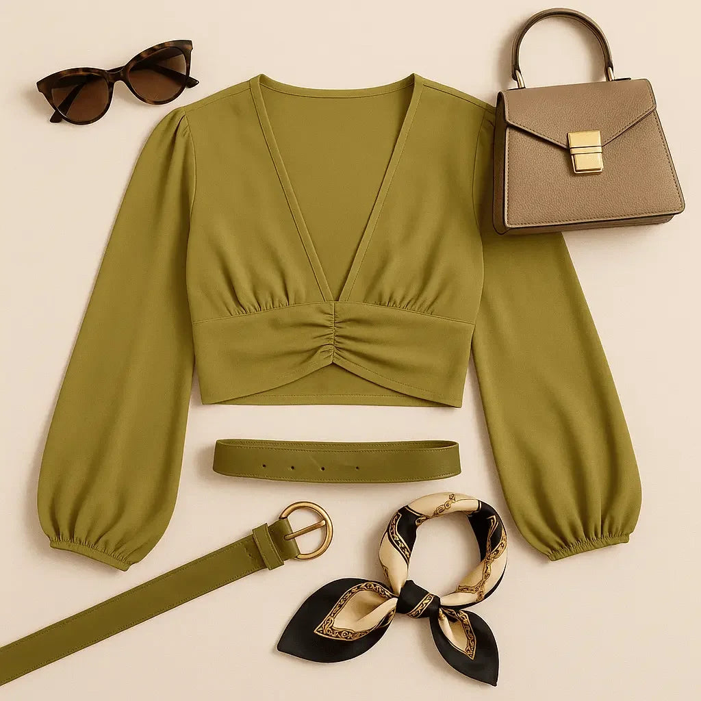 Cumin Deep V-Neck Lantern Sleeve Crop Top - IVORYNN