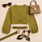 Cumin Deep V-Neck Lantern Sleeve Crop Top - IVORYNN