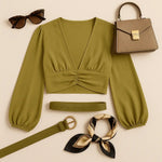 Cumin Deep V-Neck Lantern Sleeve Crop Top - IVORYNN