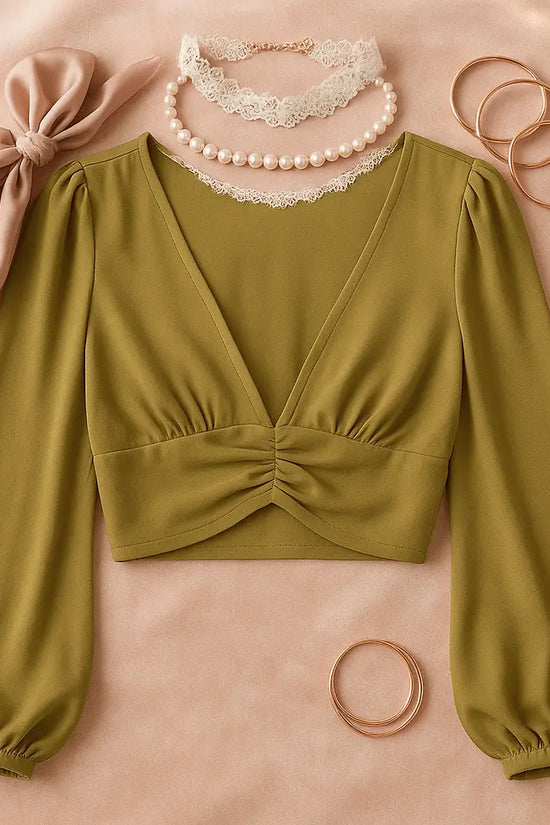 Cumin Deep V-Neck Lantern Sleeve Crop Top - IVORYNN