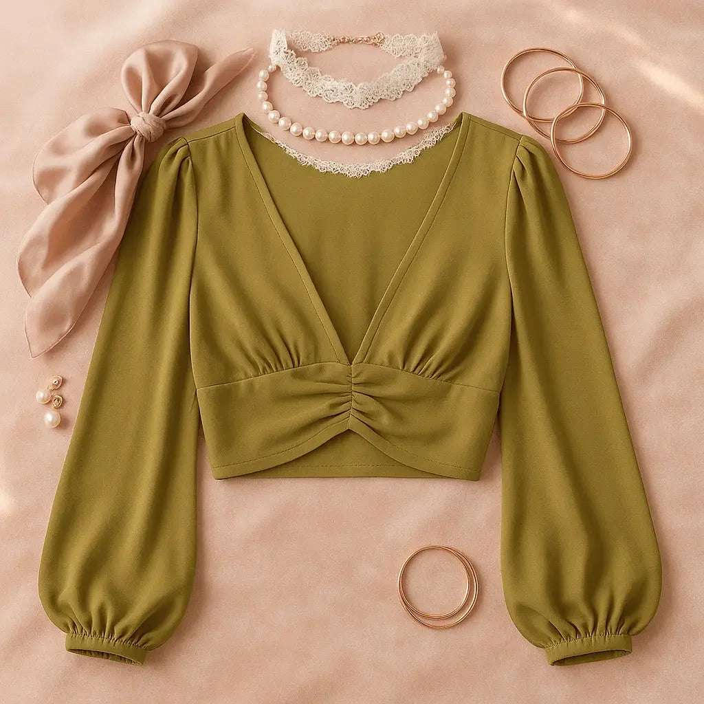 Cumin Deep V-Neck Lantern Sleeve Crop Top - IVORYNN