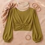 Cumin Deep V-Neck Lantern Sleeve Crop Top - IVORYNN