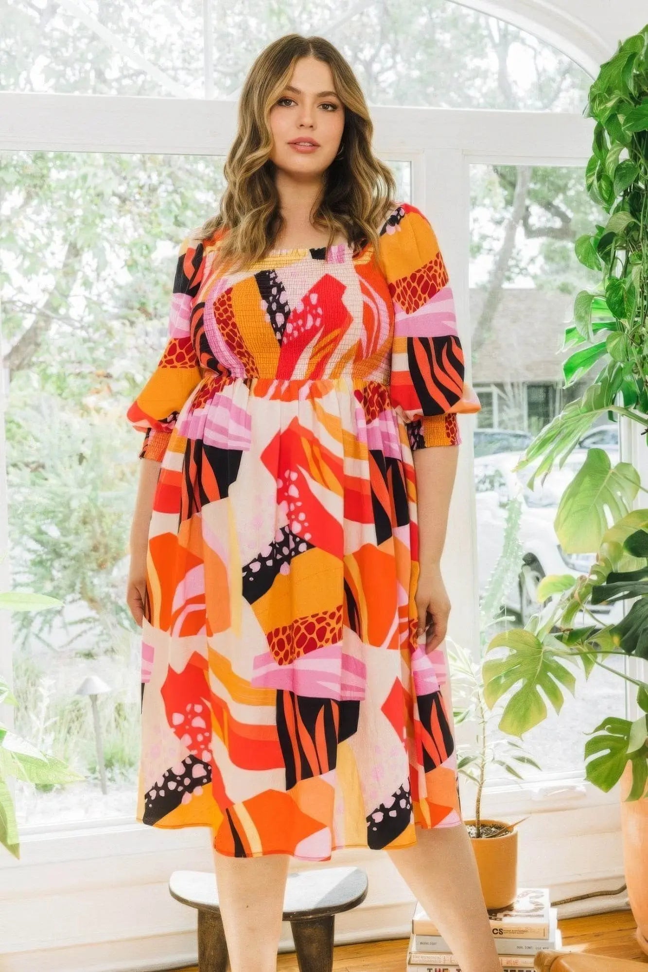 Curves Floral Square Neckline Midi Dress - IVORYNN