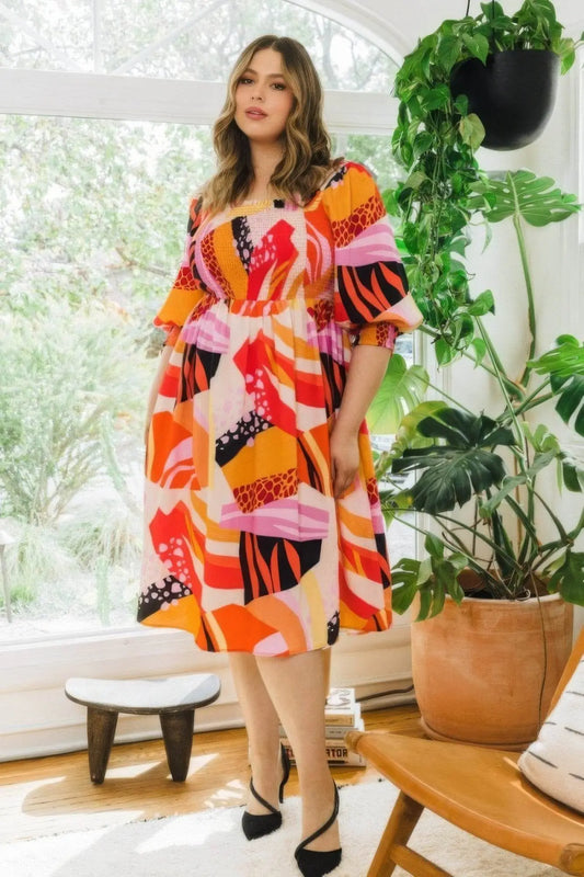 Curves Floral Square Neckline Midi Dress