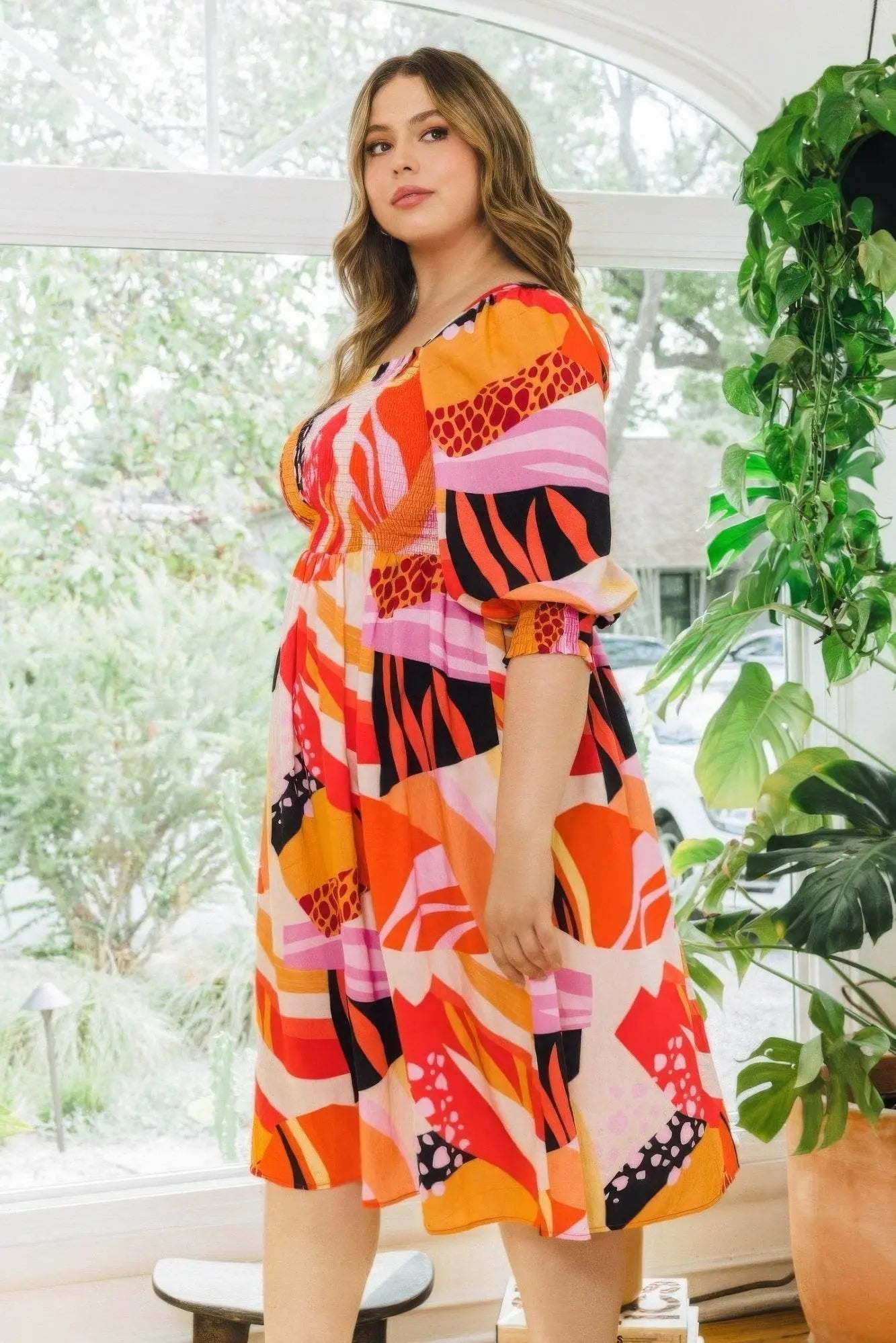 Curves Floral Square Neckline Midi Dress - IVORYNN