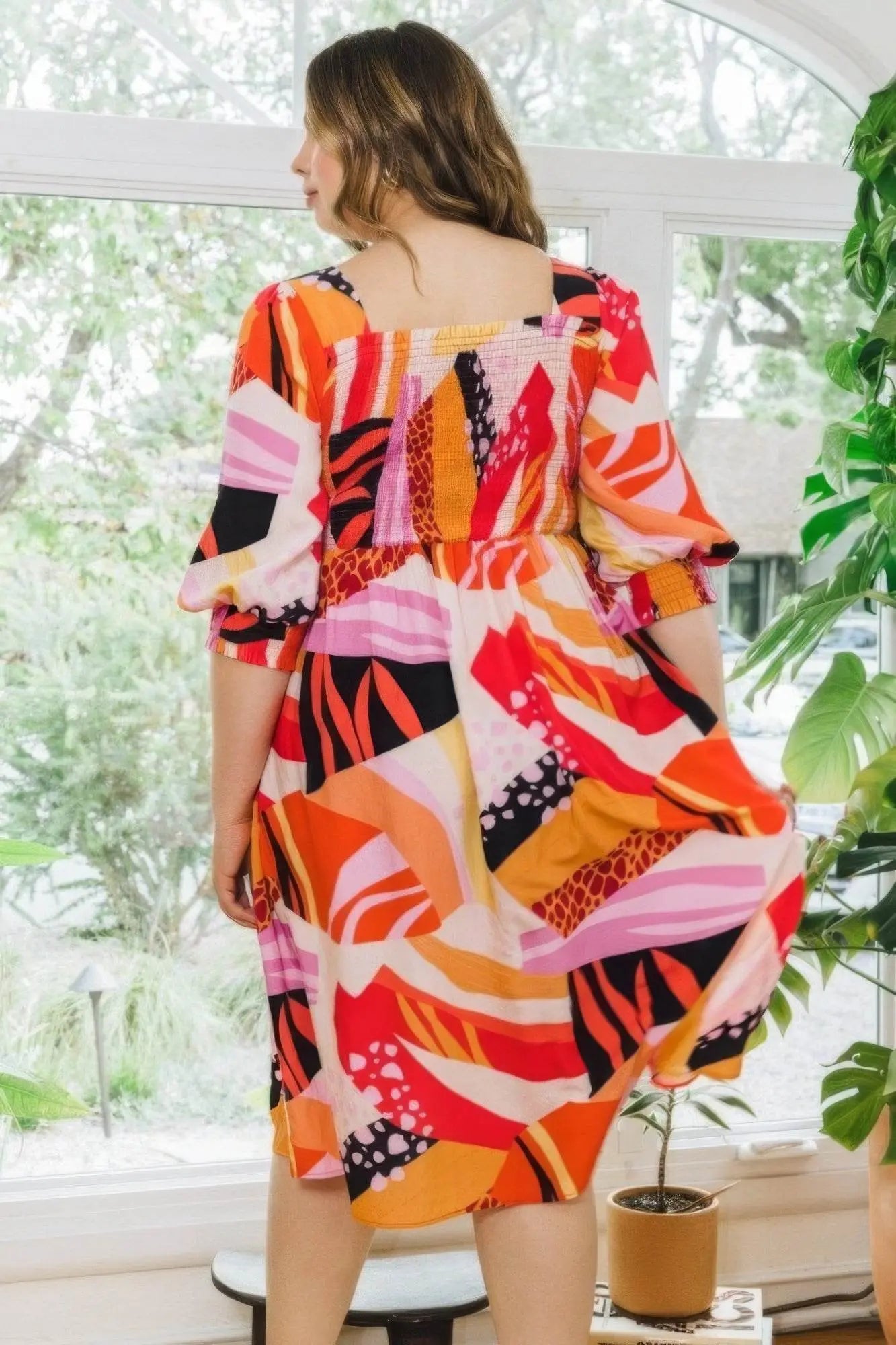 Curves Floral Square Neckline Midi Dress - IVORYNN