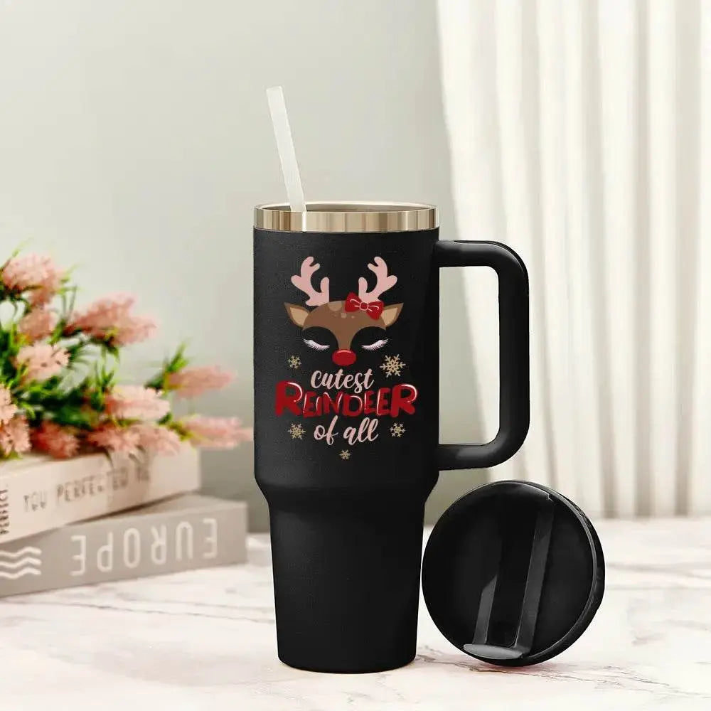 Cutest Reindeer Insulated Travel Tumbler with Handle and Straw - IVORYNN