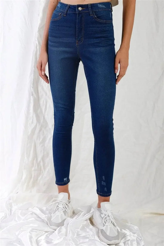 Dark Blue High-waisted With Rips Skinny Denim Jeans - IVORYNN