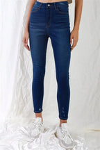 Dark Blue High-waisted With Rips Skinny Denim Jeans - IVORYNN