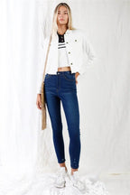 Dark Blue High-waisted With Rips Skinny Denim Jeans - IVORYNN