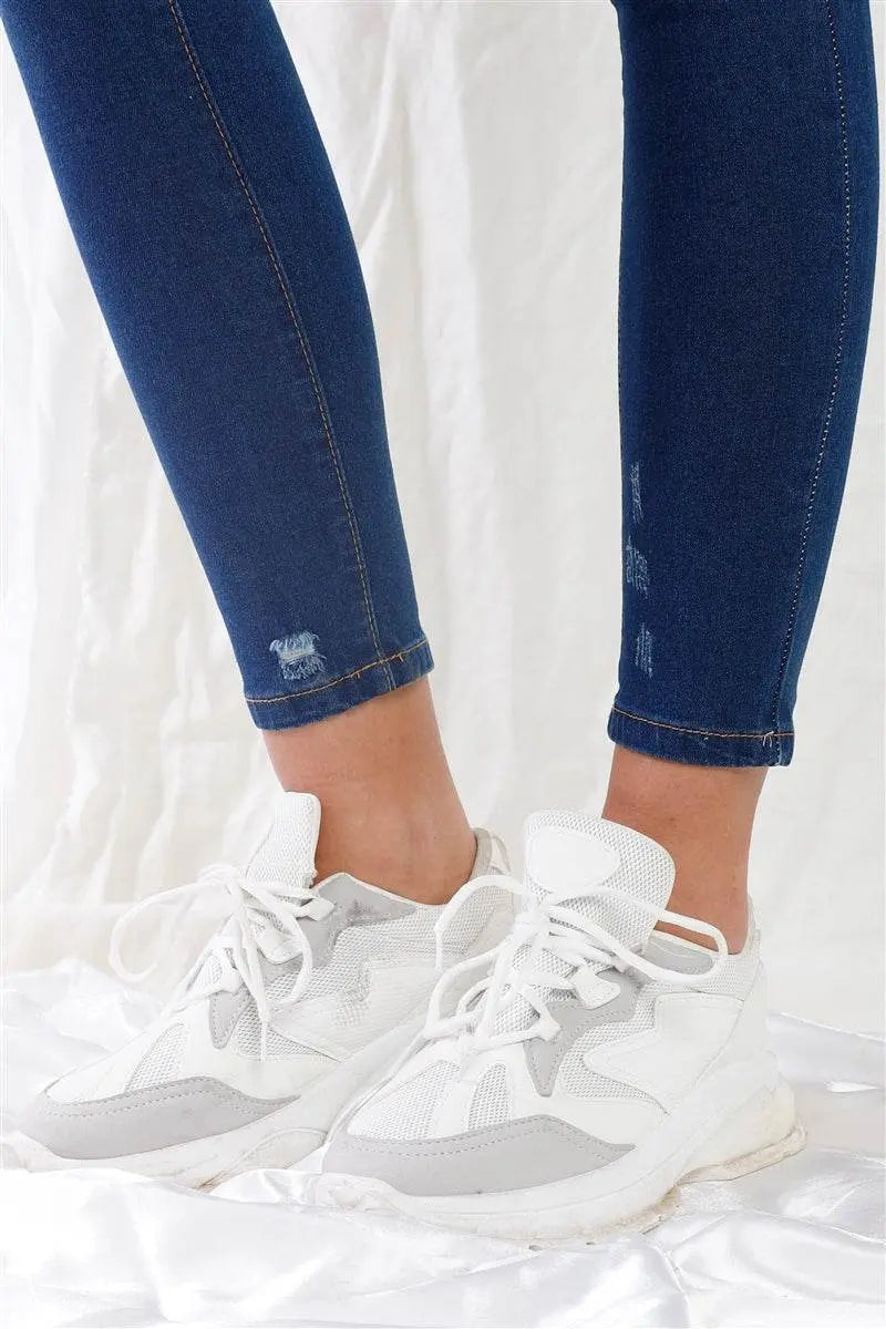 Dark Blue High-waisted With Rips Skinny Denim Jeans - IVORYNN