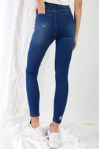 Dark Blue High-waisted With Rips Skinny Denim Jeans - IVORYNN