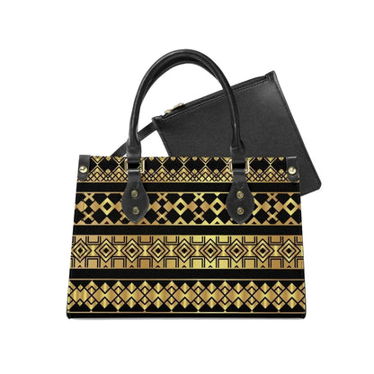 Geometric black and gold tote bag with black handles and matching inner pouch, Ivorynn