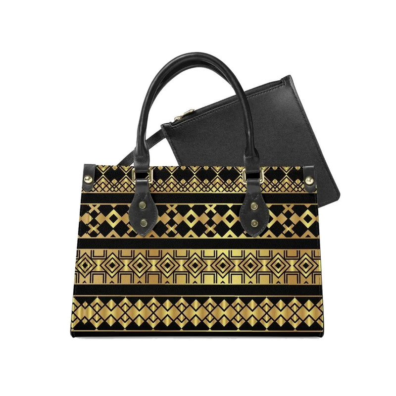 Geometric black and gold tote bag with black handles and matching inner pouch, Ivorynn