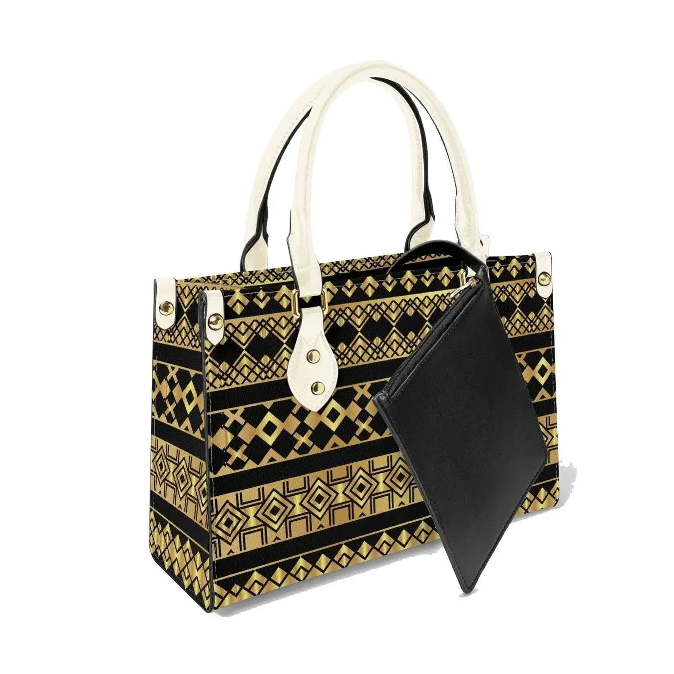 Geometric patterned tote bag with ivory handles and black detachable pouch, Ivorynn fashion